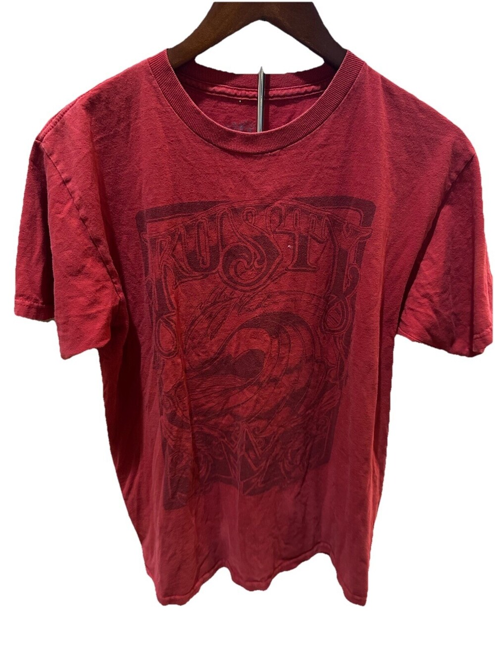 Rusty Graphic T Shirt Red Wave Logo Surf Skate Tee Mens Medium Casual Faded Worn